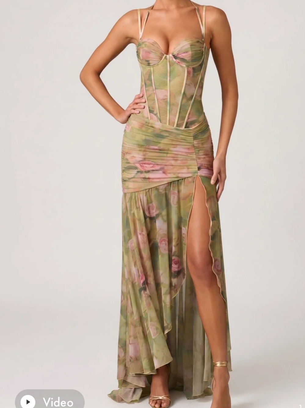 Oh Polly Haruna Dress Size 6 Floral Mesh Corset Maxi Dress in Olive & Pink